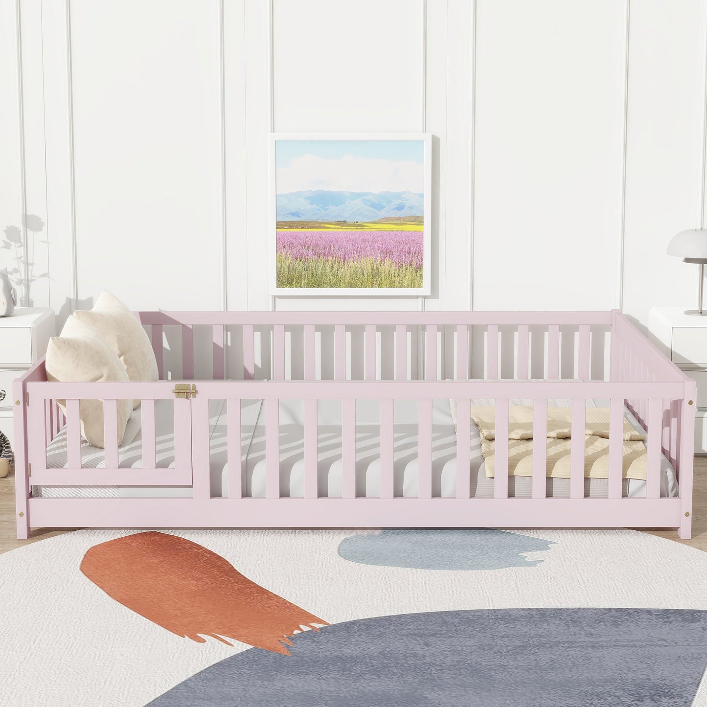 Full Size Floor Bed with Fence and Door,Rubber Wood Floor Bed with Safety Guardrails,Pink - 1st Choice Furniture Direct