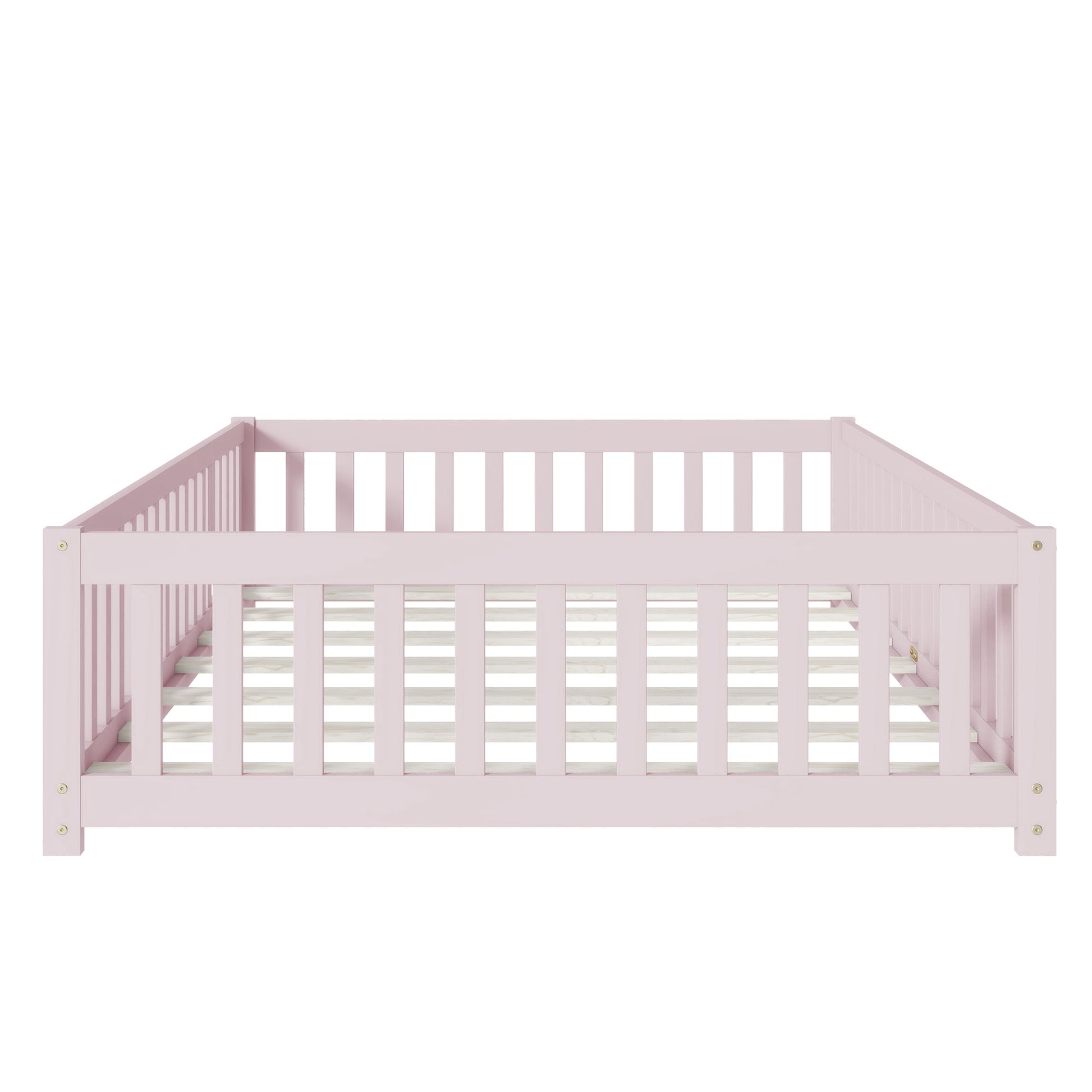 Full Size Floor Bed with Fence and Door,Rubber Wood Floor Bed with Safety Guardrails,Pink - 1st Choice Furniture Direct