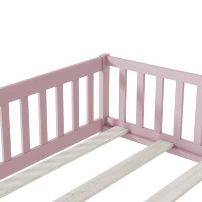 Full Size Floor Bed with Fence and Door,Rubber Wood Floor Bed with Safety Guardrails,Pink - 1st Choice Furniture Direct