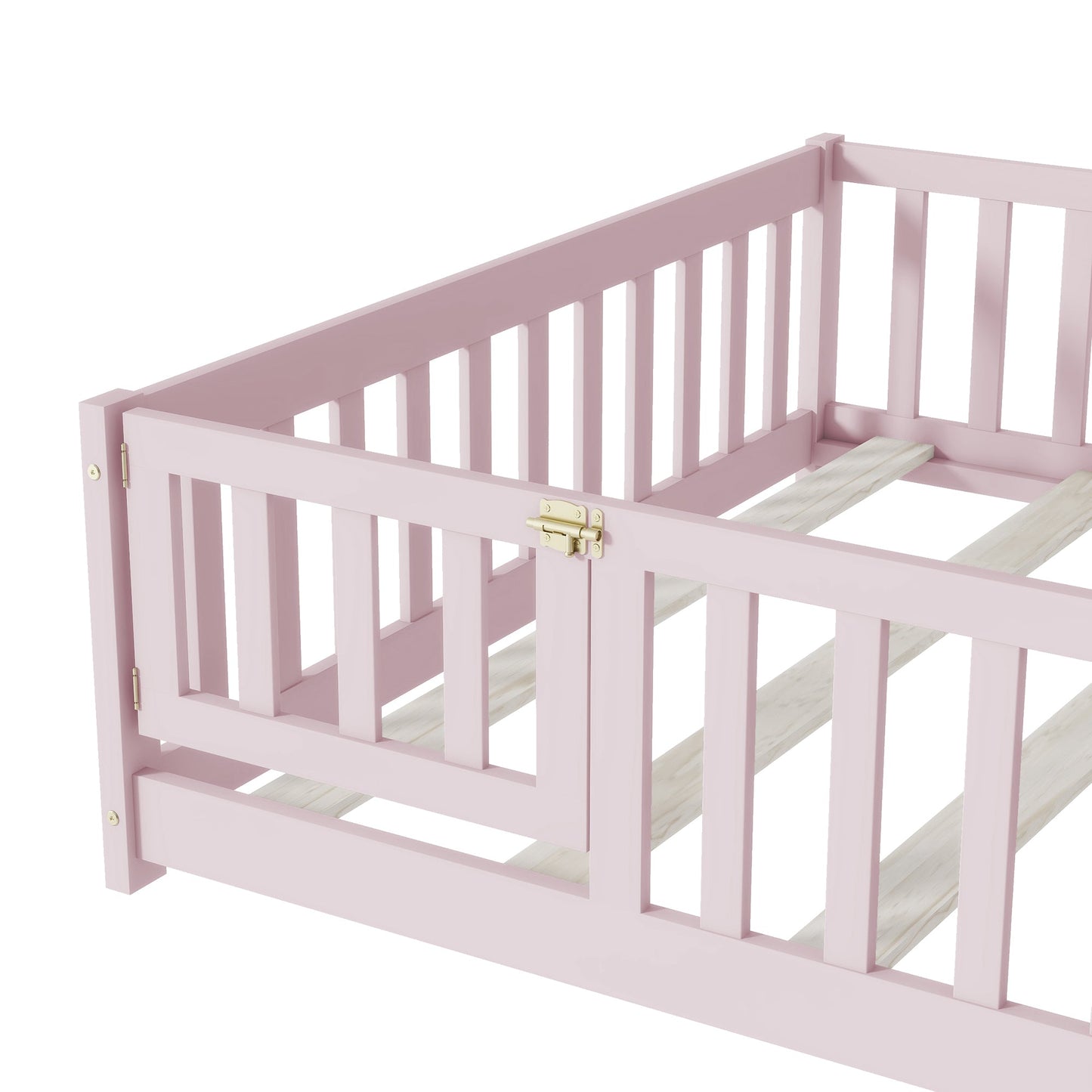 Full Size Floor Bed with Fence and Door,Rubber Wood Floor Bed with Safety Guardrails,Pink - 1st Choice Furniture Direct