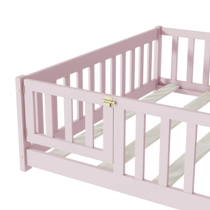 Full Size Floor Bed with Fence and Door,Rubber Wood Floor Bed with Safety Guardrails,Pink - 1st Choice Furniture Direct