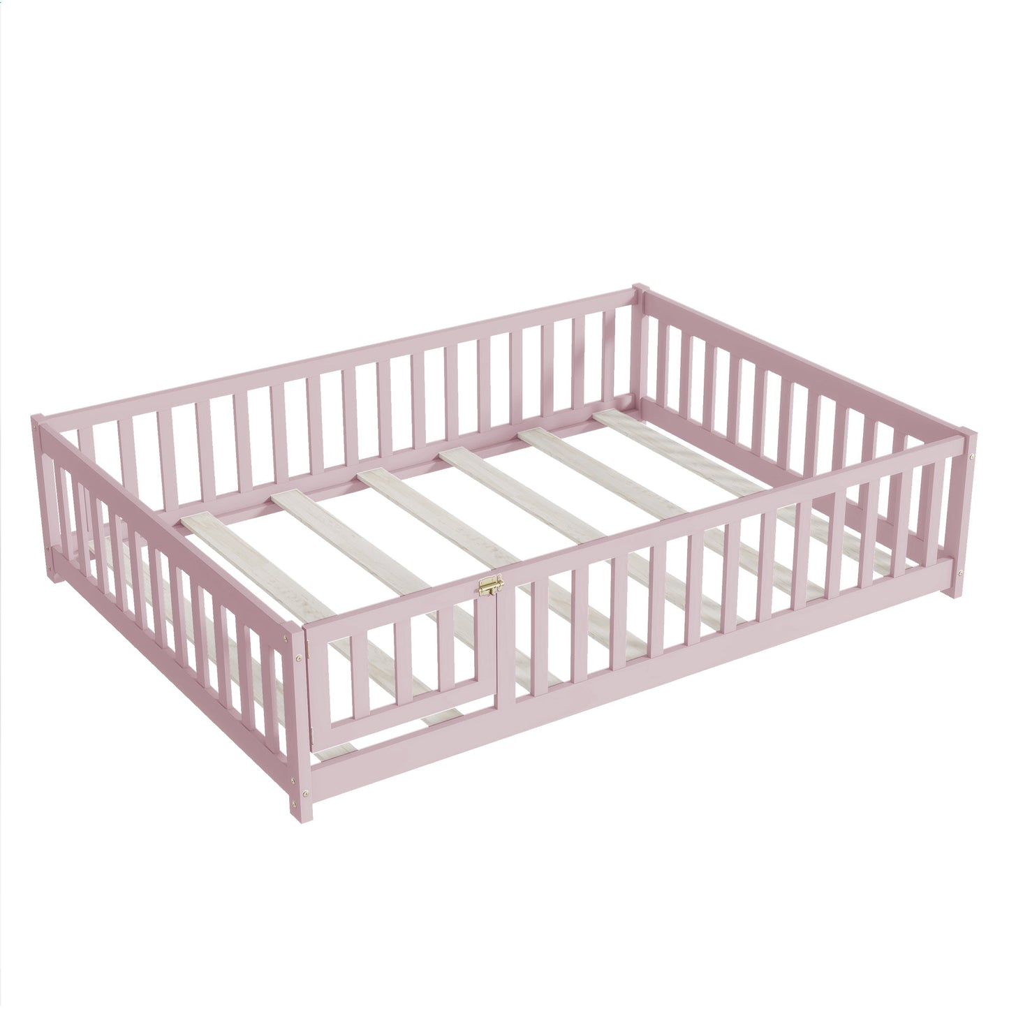 Full Size Floor Bed with Fence and Door,Rubber Wood Floor Bed with Safety Guardrails,Pink - 1st Choice Furniture Direct
