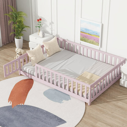 Full Size Floor Bed with Fence and Door,Rubber Wood Floor Bed with Safety Guardrails,Pink - 1st Choice Furniture Direct