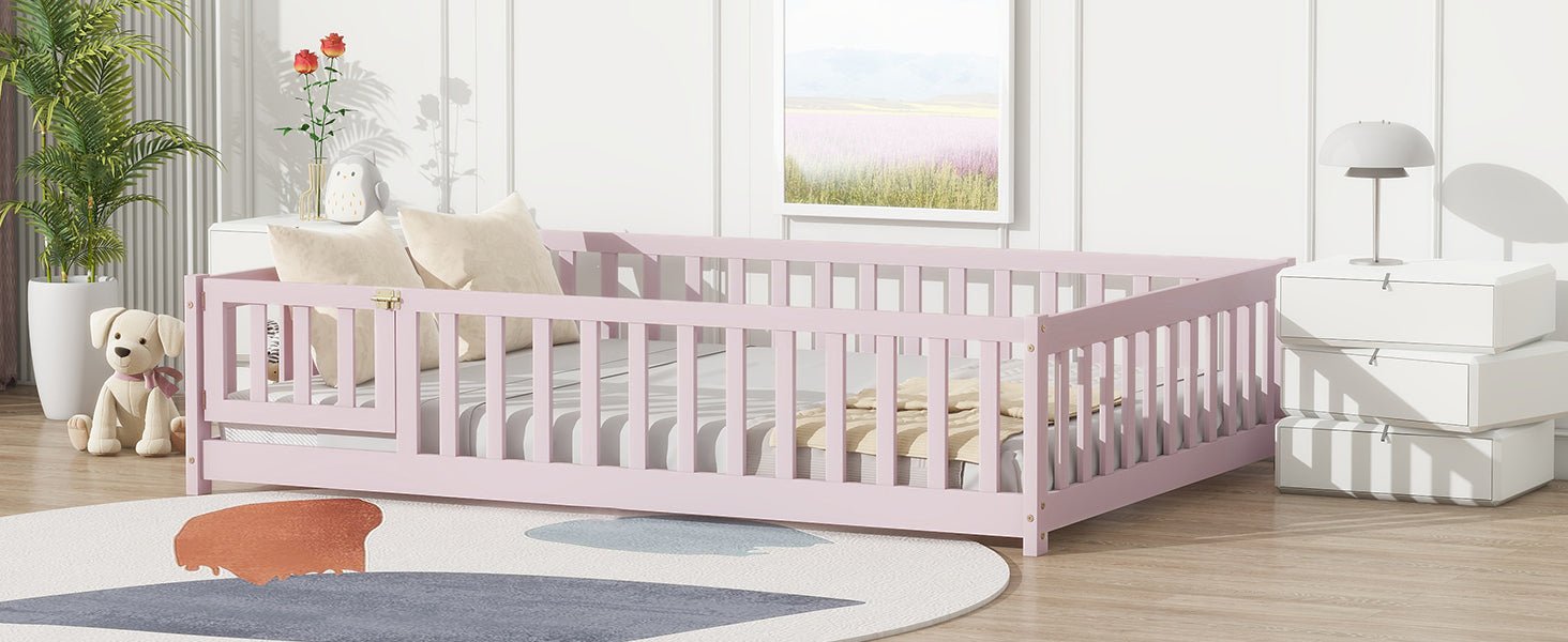 Full Size Floor Bed with Fence and Door,Rubber Wood Floor Bed with Safety Guardrails,Pink - 1st Choice Furniture Direct
