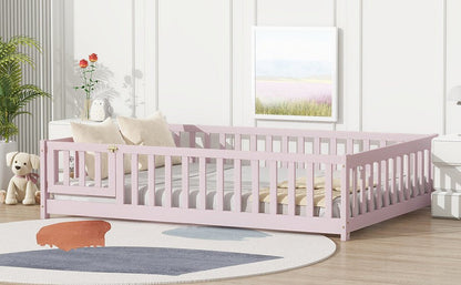 Full Size Floor Bed with Fence and Door,Rubber Wood Floor Bed with Safety Guardrails,Pink - 1st Choice Furniture Direct