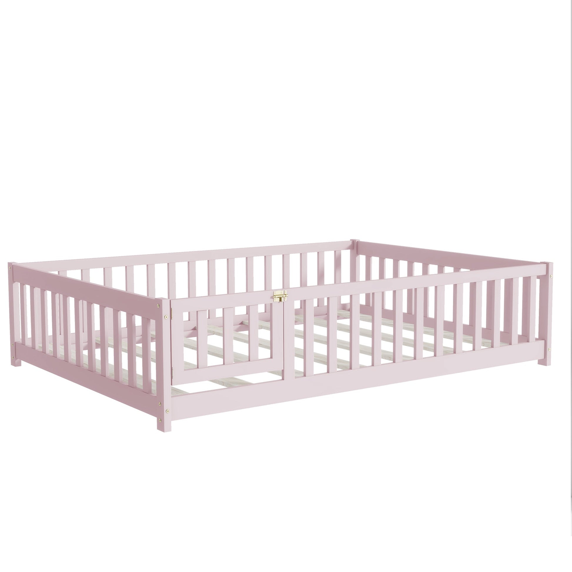 Full Size Floor Bed with Fence and Door,Rubber Wood Floor Bed with Safety Guardrails,Pink - 1st Choice Furniture Direct