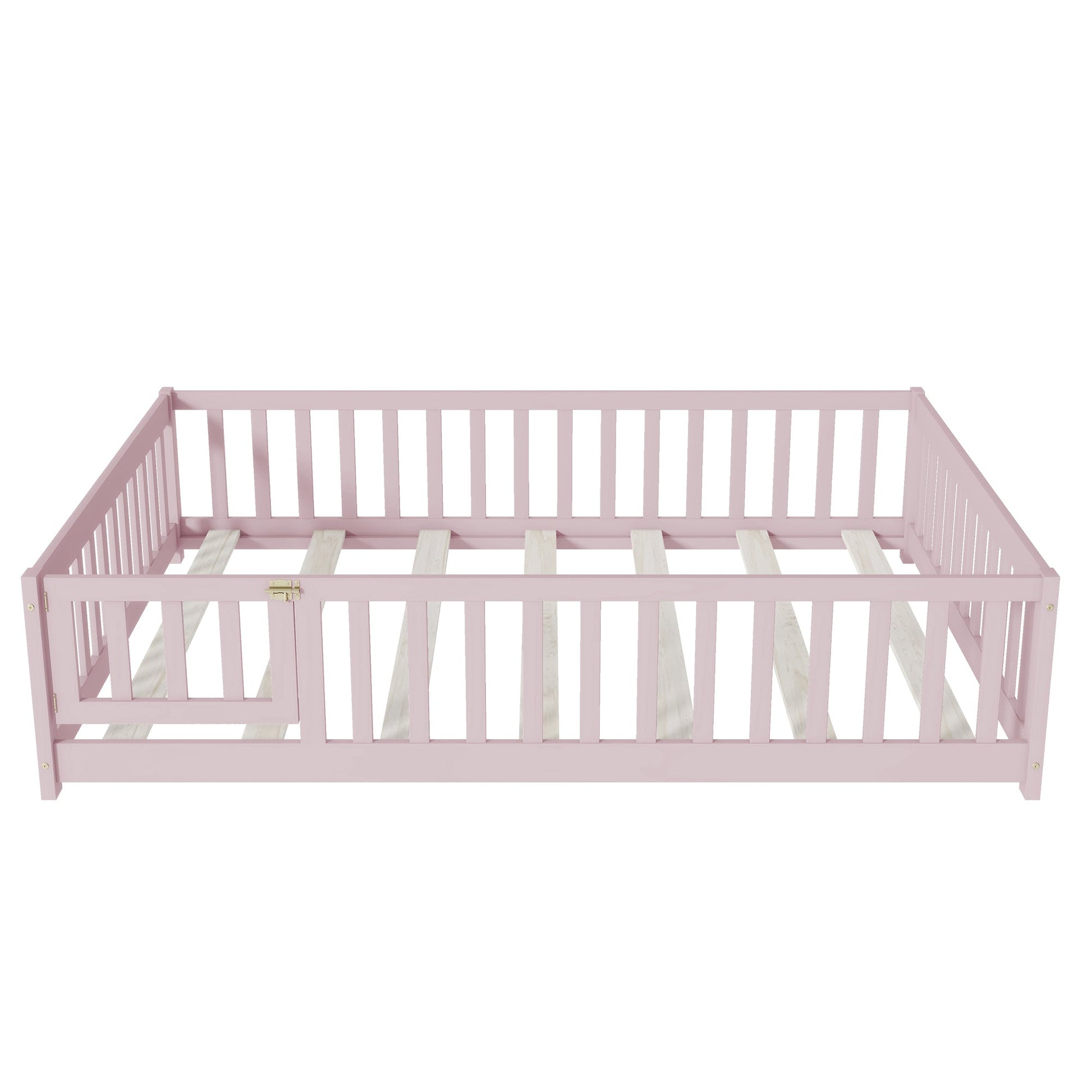 Full Size Floor Bed with Fence and Door,Rubber Wood Floor Bed with Safety Guardrails,Pink - 1st Choice Furniture Direct