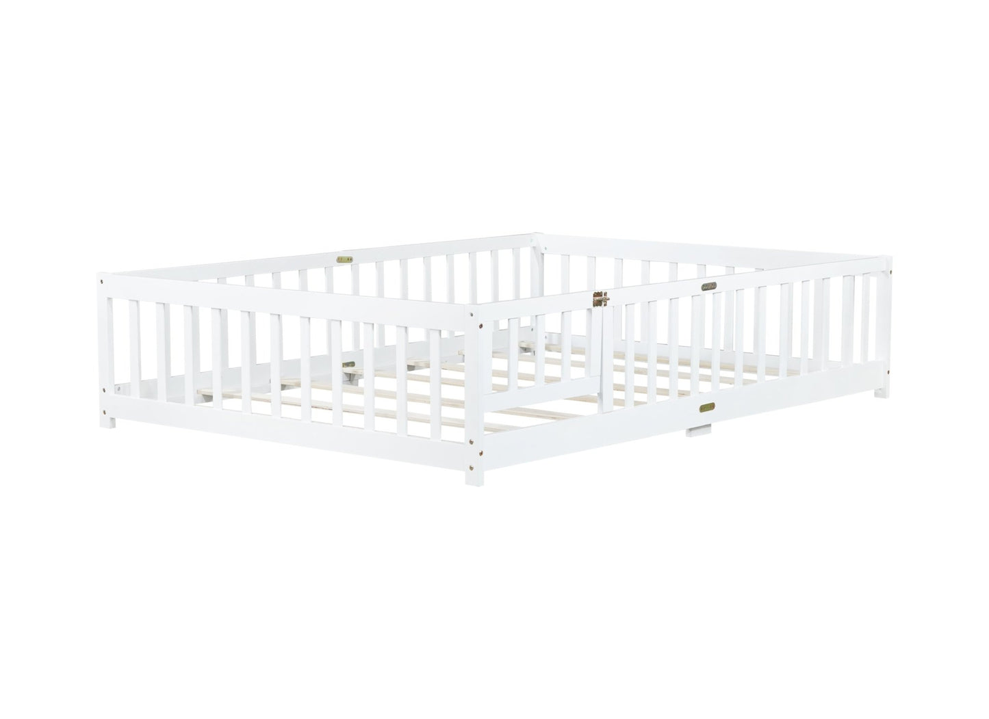 Full Size Floor Bed with Fence and Door,Rubber Wood Floor Bed with Safety Guardrails,White - 1st Choice Furniture Direct