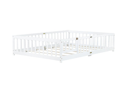 Full Size Floor Bed with Fence and Door,Rubber Wood Floor Bed with Safety Guardrails,White - 1st Choice Furniture Direct