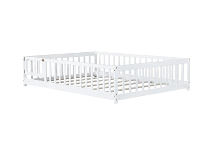 Full Size Floor Bed with Fence and Door,Rubber Wood Floor Bed with Safety Guardrails,White - 1st Choice Furniture Direct