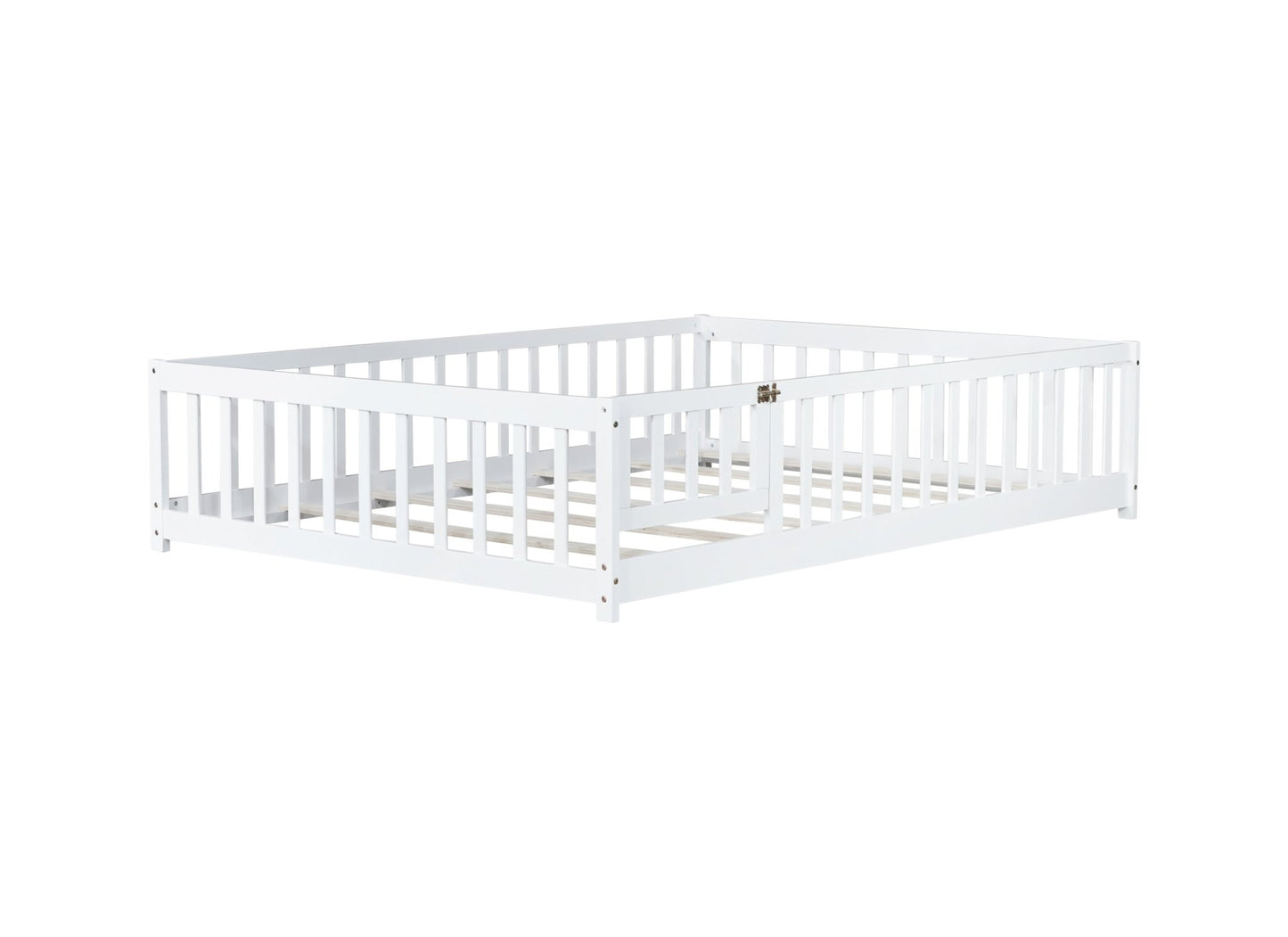 Full Size Floor Bed with Fence and Door,Rubber Wood Floor Bed with Safety Guardrails,White - 1st Choice Furniture Direct