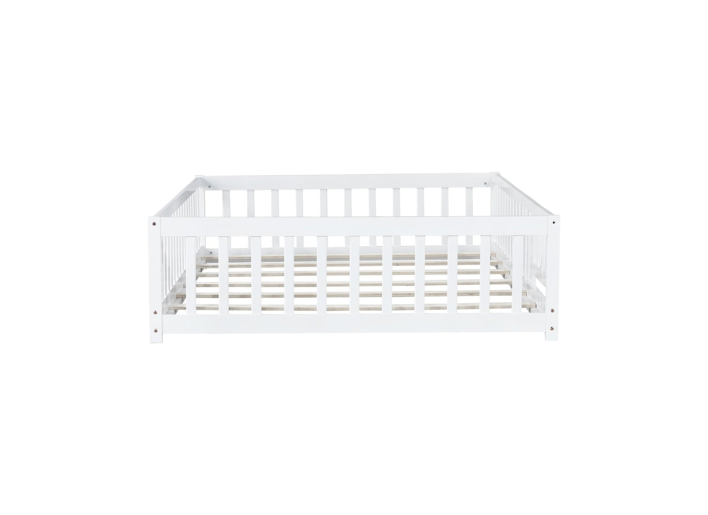 Full Size Floor Bed with Fence and Door,Rubber Wood Floor Bed with Safety Guardrails,White - 1st Choice Furniture Direct