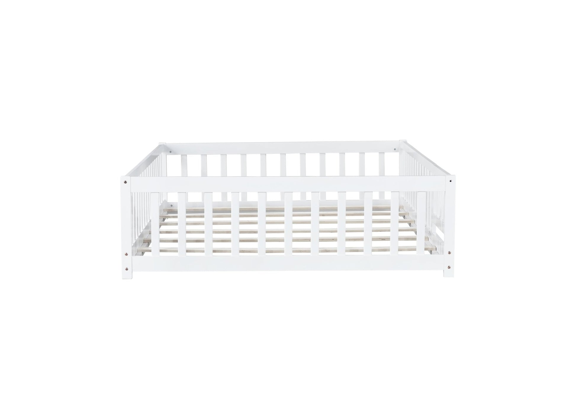 Full Size Floor Bed with Fence and Door,Rubber Wood Floor Bed with Safety Guardrails,White - 1st Choice Furniture Direct