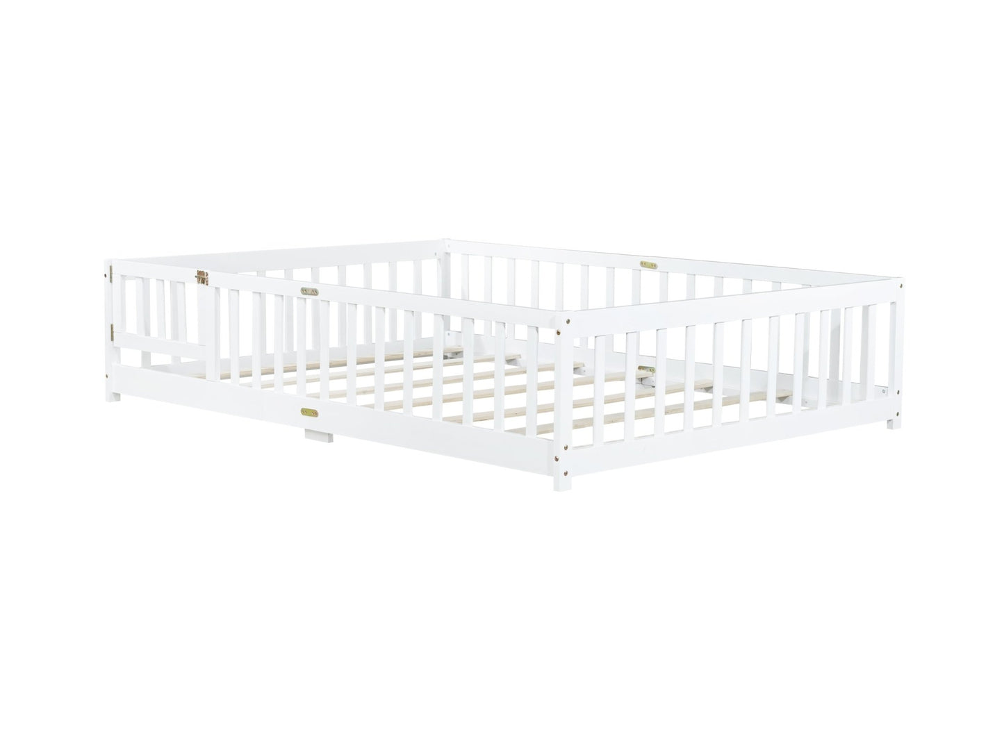 Full Size Floor Bed with Fence and Door,Rubber Wood Floor Bed with Safety Guardrails,White - 1st Choice Furniture Direct