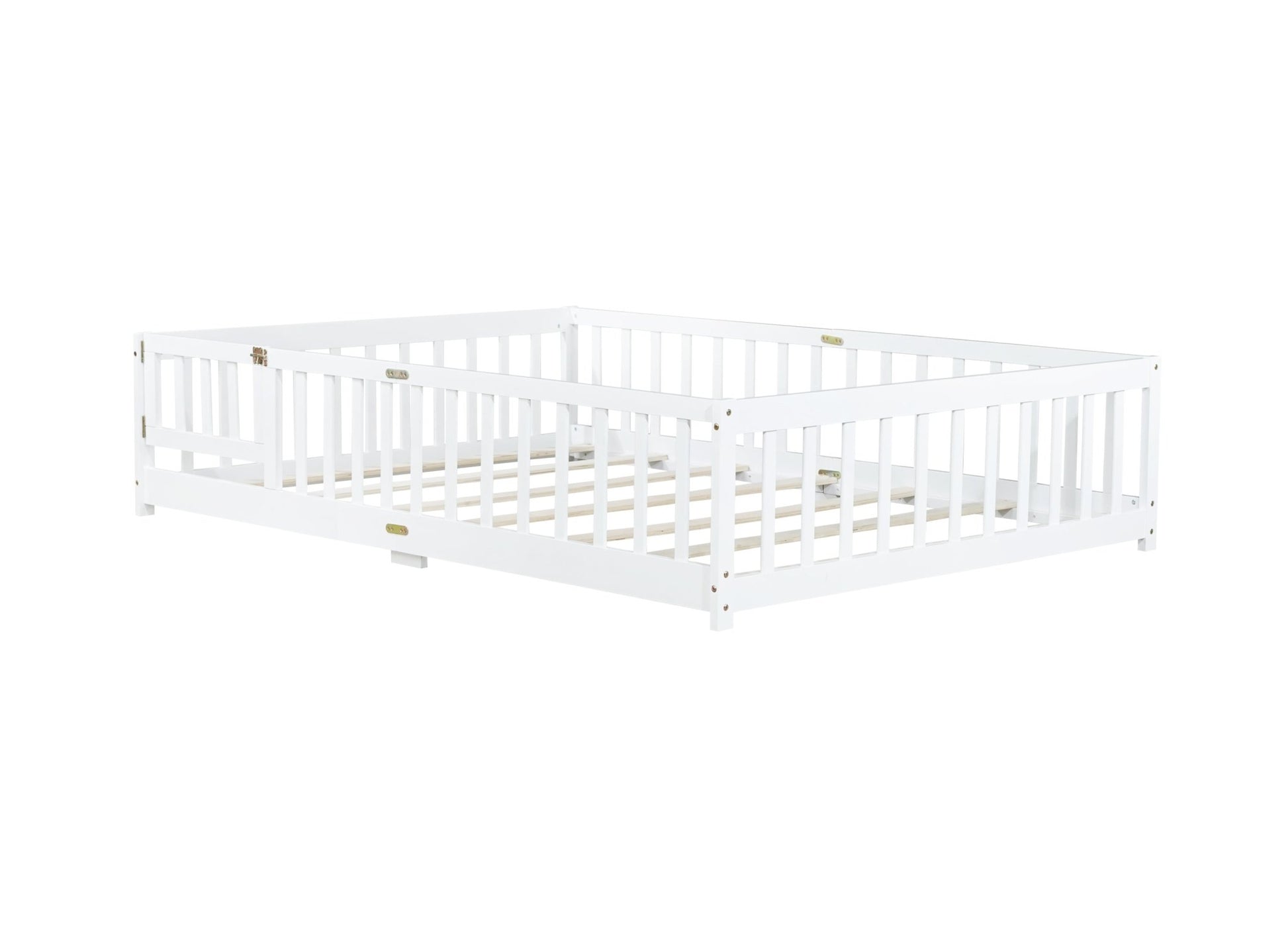 Full Size Floor Bed with Fence and Door,Rubber Wood Floor Bed with Safety Guardrails,White - 1st Choice Furniture Direct