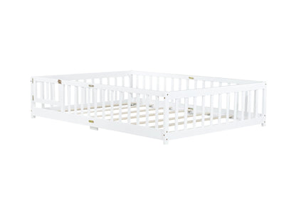 Full Size Floor Bed with Fence and Door,Rubber Wood Floor Bed with Safety Guardrails,White - 1st Choice Furniture Direct