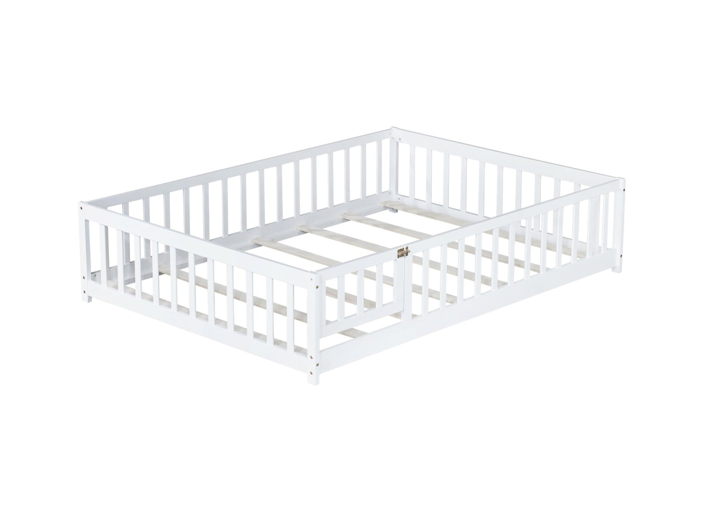 Full Size Floor Bed with Fence and Door,Rubber Wood Floor Bed with Safety Guardrails,White - 1st Choice Furniture Direct