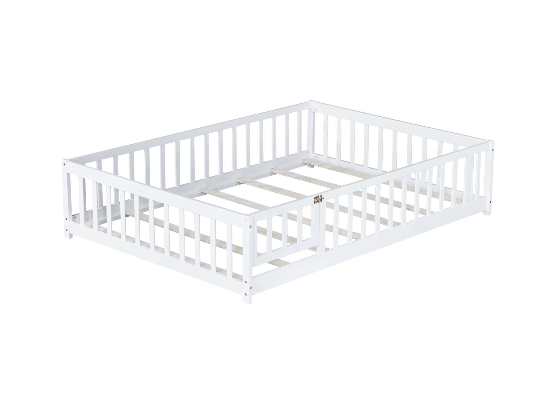 Full Size Floor Bed with Fence and Door,Rubber Wood Floor Bed with Safety Guardrails,White - 1st Choice Furniture Direct