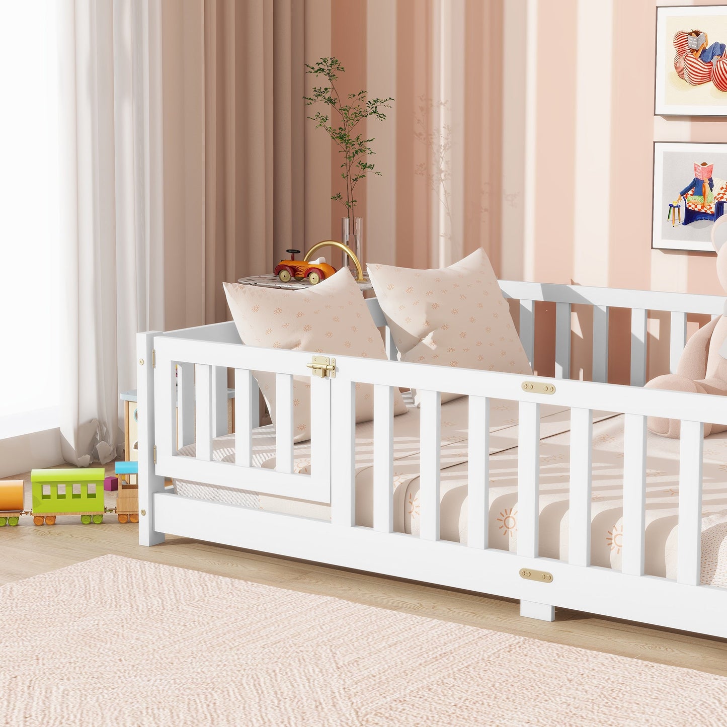 Full Size Floor Bed with Fence and Door,Rubber Wood Floor Bed with Safety Guardrails,White - 1st Choice Furniture Direct