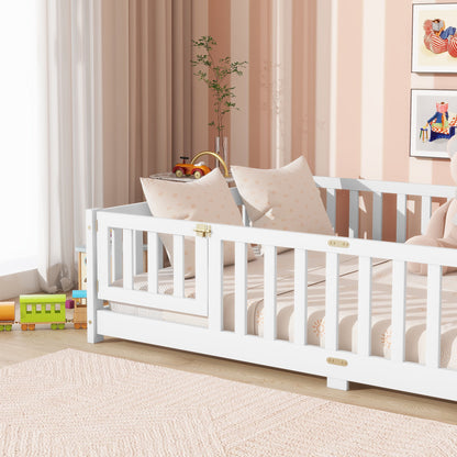 Full Size Floor Bed with Fence and Door,Rubber Wood Floor Bed with Safety Guardrails,White - 1st Choice Furniture Direct