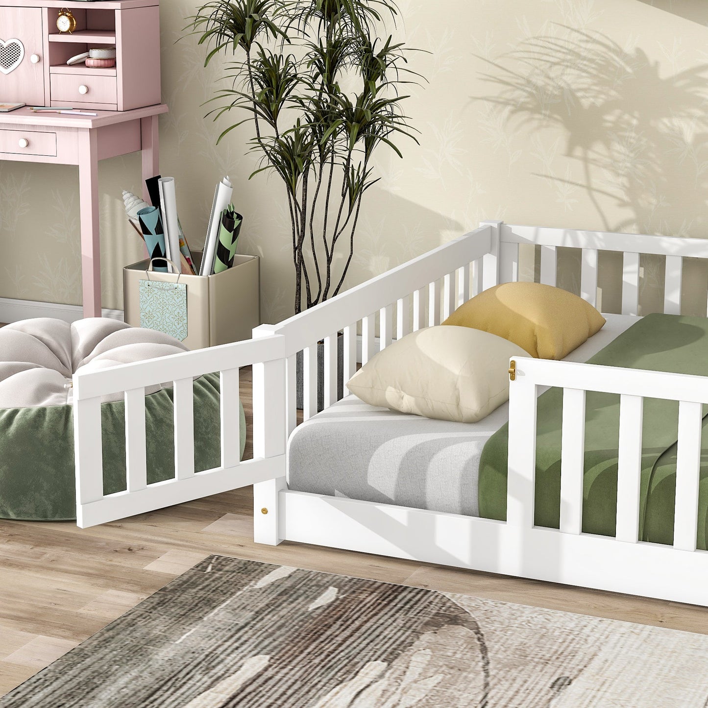 Full Size Floor Bed with Fence and Door,Rubber Wood Floor Bed with Safety Guardrails,White - 1st Choice Furniture Direct