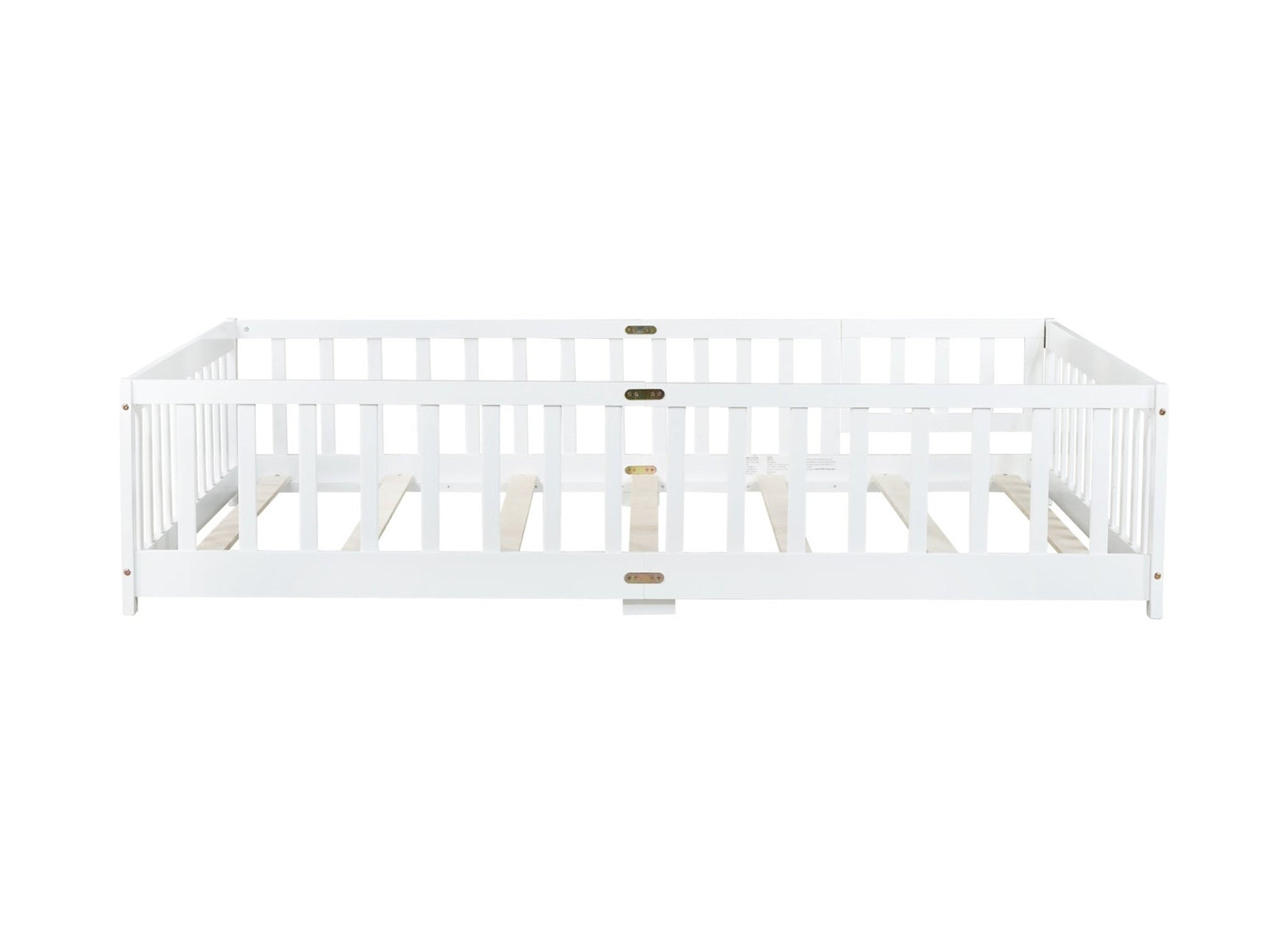 Full Size Floor Bed with Fence and Door,Rubber Wood Floor Bed with Safety Guardrails,White - 1st Choice Furniture Direct