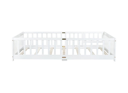 Full Size Floor Bed with Fence and Door,Rubber Wood Floor Bed with Safety Guardrails,White - 1st Choice Furniture Direct