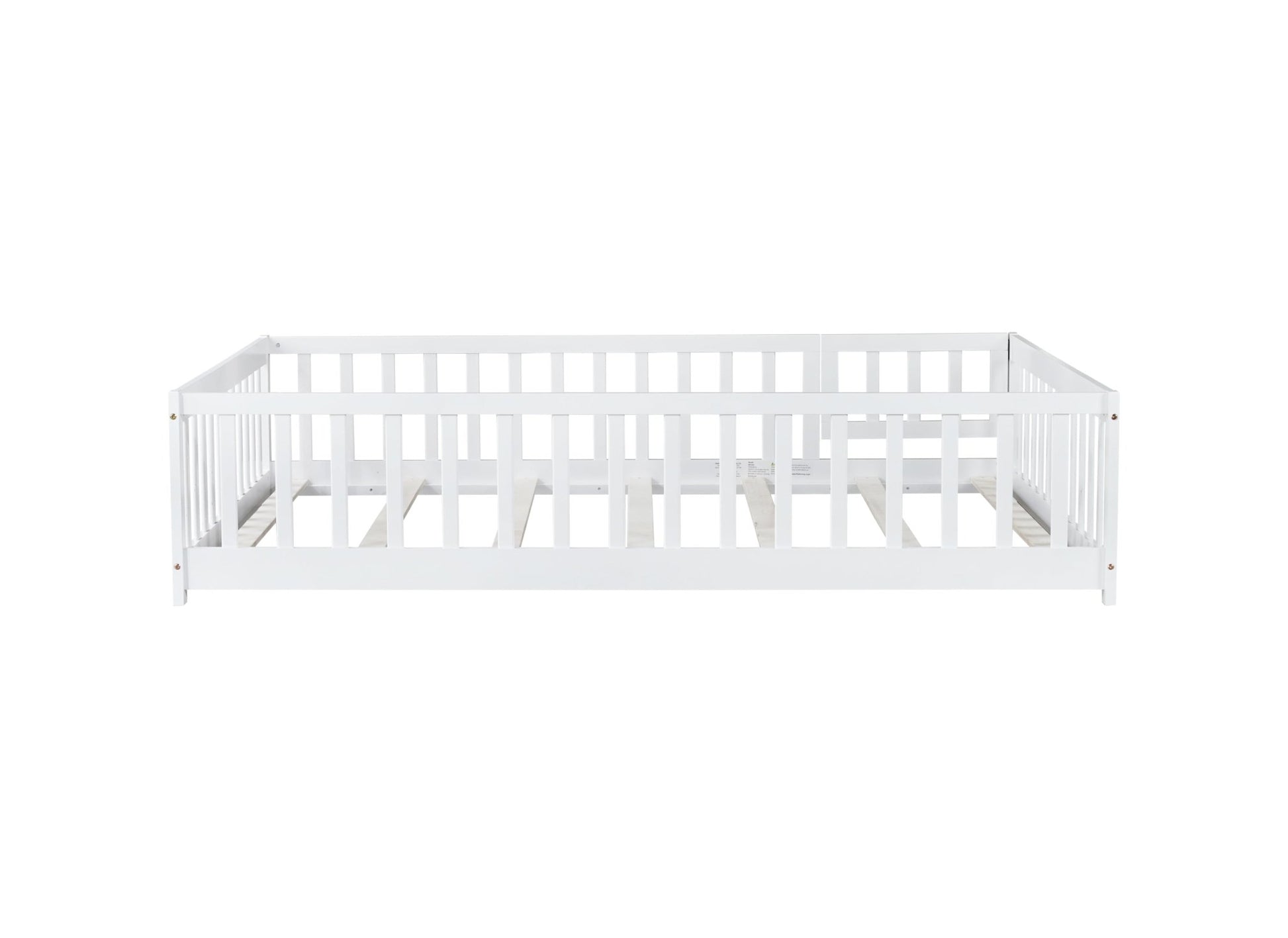 Full Size Floor Bed with Fence and Door,Rubber Wood Floor Bed with Safety Guardrails,White - 1st Choice Furniture Direct