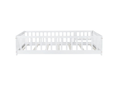 Full Size Floor Bed with Fence and Door,Rubber Wood Floor Bed with Safety Guardrails,White - 1st Choice Furniture Direct