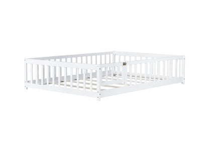 Full Size Floor Bed with Fence and Door,Rubber Wood Floor Bed with Safety Guardrails,White - 1st Choice Furniture Direct