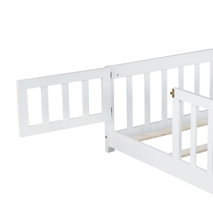 Full Size Floor Bed with Fence and Door,Rubber Wood Floor Bed with Safety Guardrails,White - 1st Choice Furniture Direct