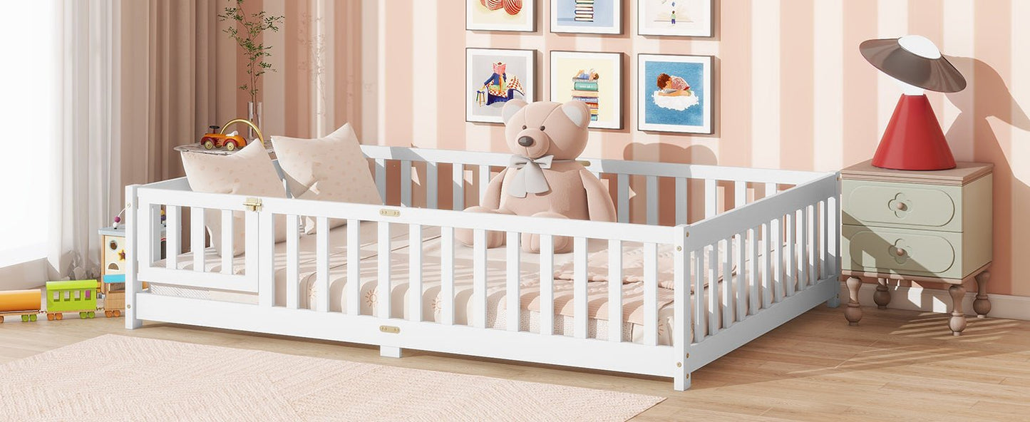 Full Size Floor Bed with Fence and Door,Rubber Wood Floor Bed with Safety Guardrails,White - 1st Choice Furniture Direct
