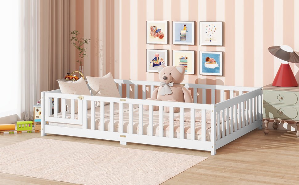 Full Size Floor Bed with Fence and Door,Rubber Wood Floor Bed with Safety Guardrails,White - 1st Choice Furniture Direct