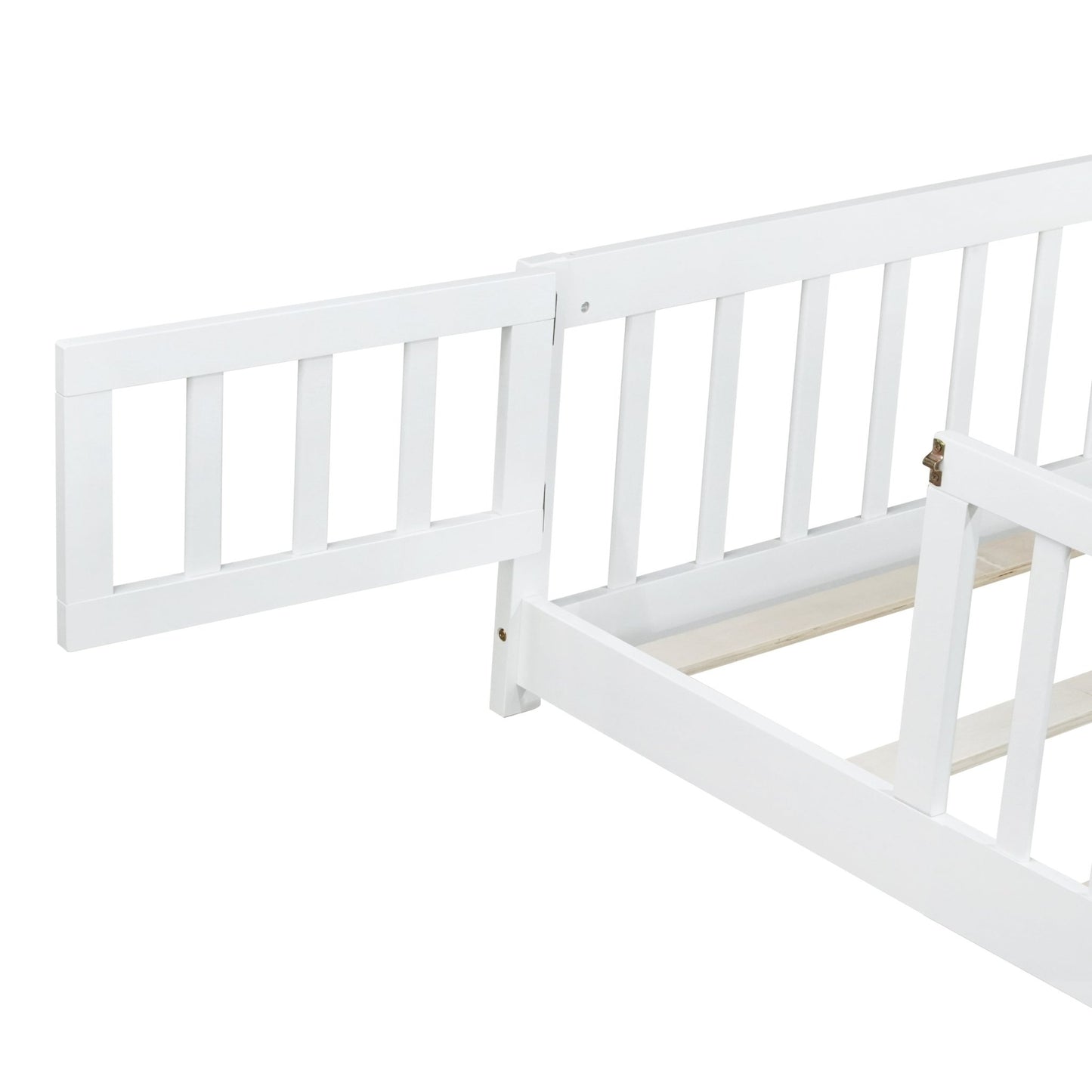 Full Size Floor Bed with Fence and Door,Rubber Wood Floor Bed with Safety Guardrails,White - 1st Choice Furniture Direct