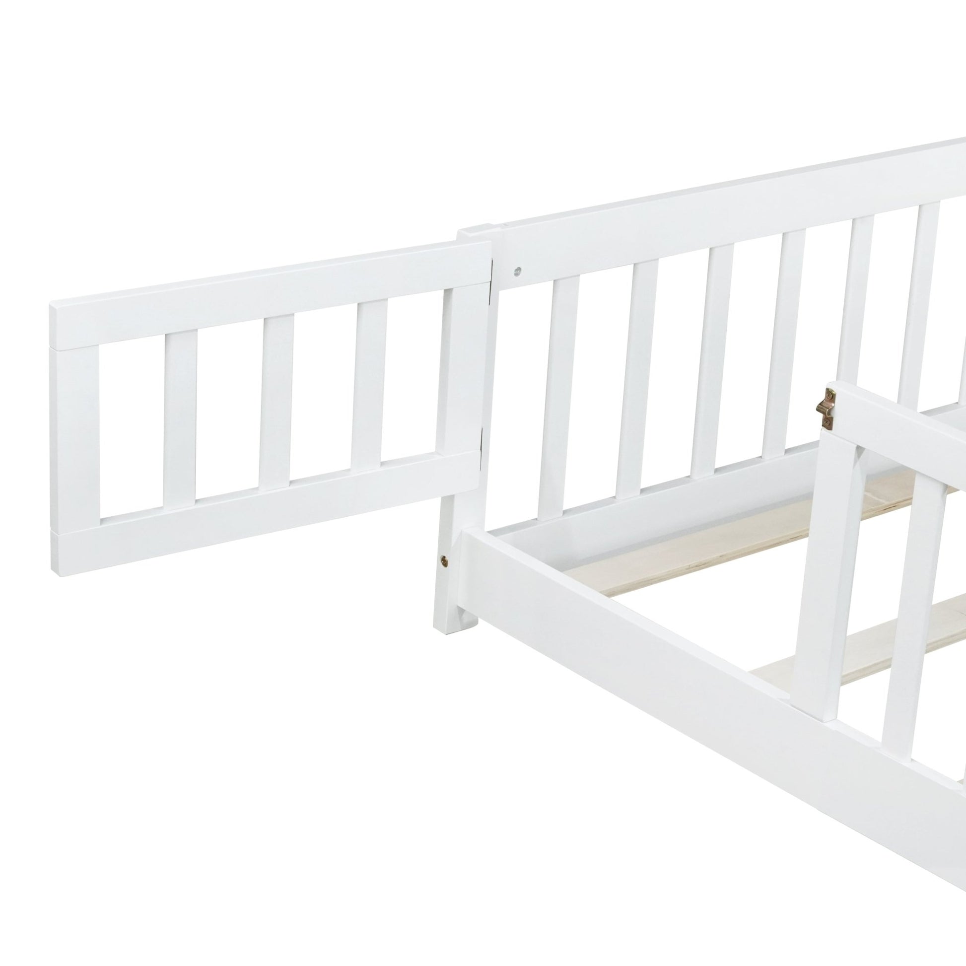 Full Size Floor Bed with Fence and Door,Rubber Wood Floor Bed with Safety Guardrails,White - 1st Choice Furniture Direct