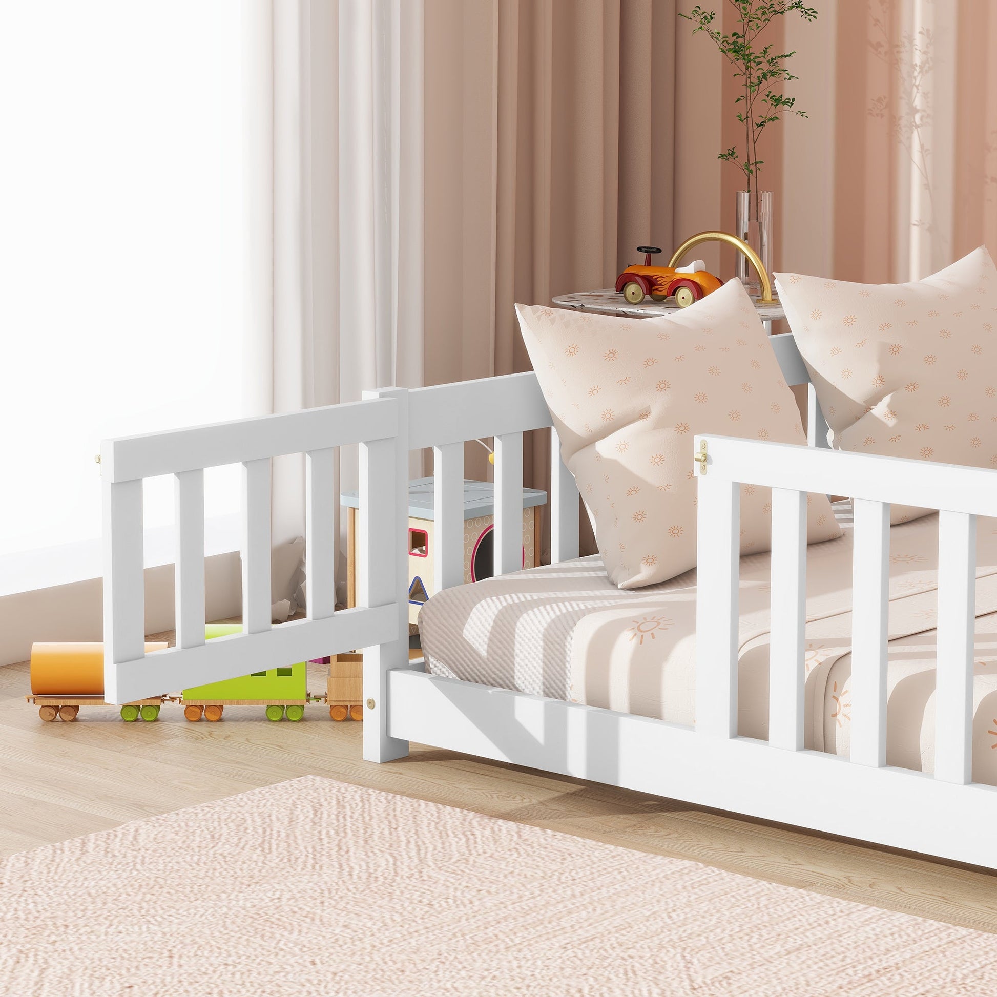 Full Size Floor Bed with Fence and Door,Rubber Wood Floor Bed with Safety Guardrails,White - 1st Choice Furniture Direct