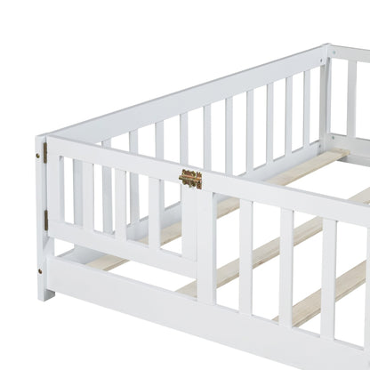 Full Size Floor Bed with Fence and Door,Rubber Wood Floor Bed with Safety Guardrails,White - 1st Choice Furniture Direct