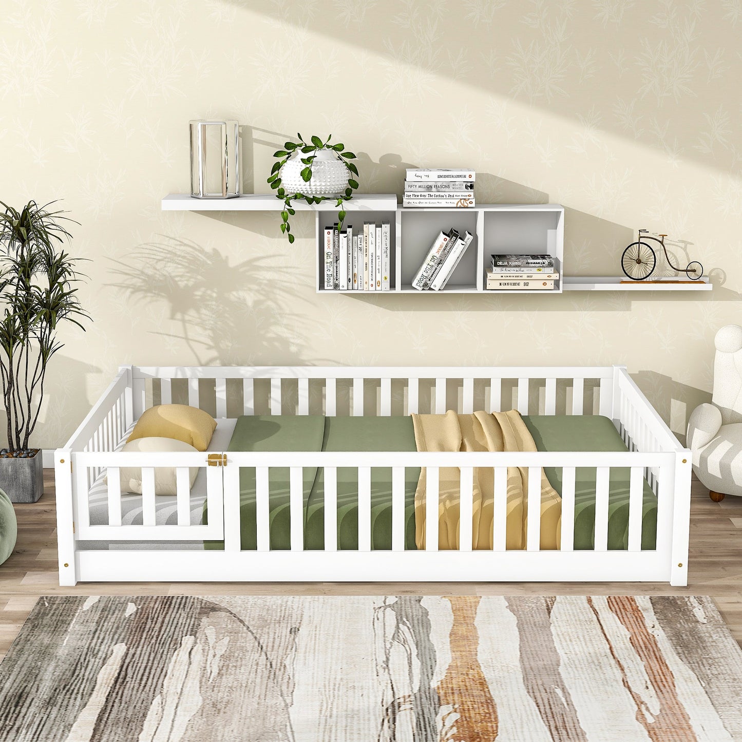 Full Size Floor Bed with Fence and Door,Rubber Wood Floor Bed with Safety Guardrails,White - 1st Choice Furniture Direct