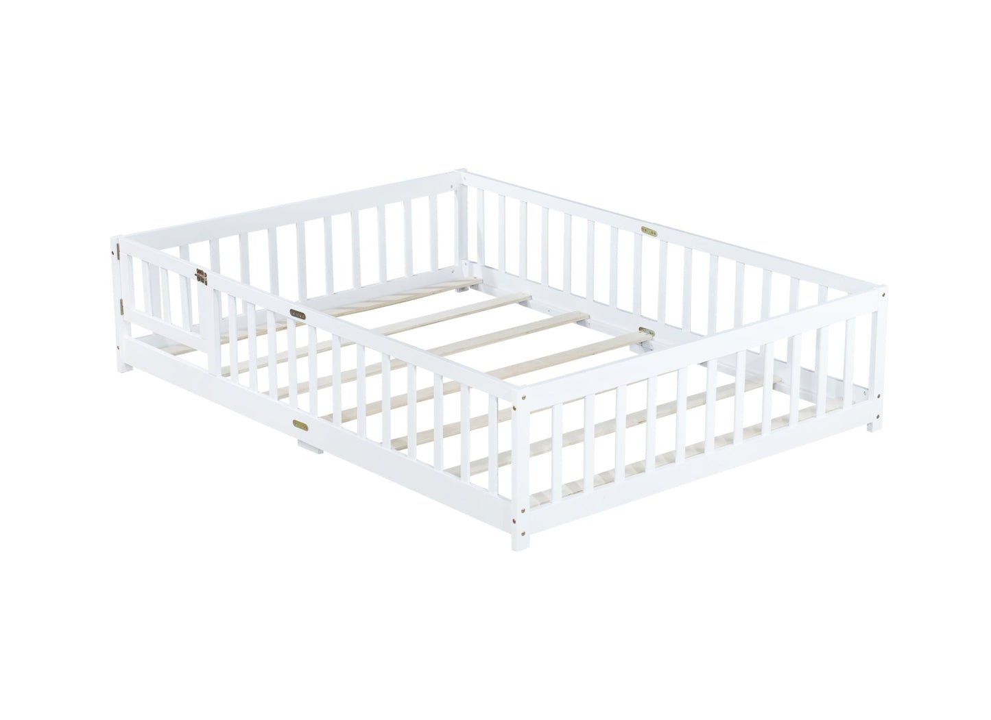 Full Size Floor Bed with Fence and Door,Rubber Wood Floor Bed with Safety Guardrails,White - 1st Choice Furniture Direct
