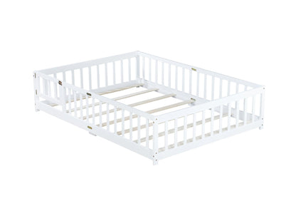 Full Size Floor Bed with Fence and Door,Rubber Wood Floor Bed with Safety Guardrails,White - 1st Choice Furniture Direct