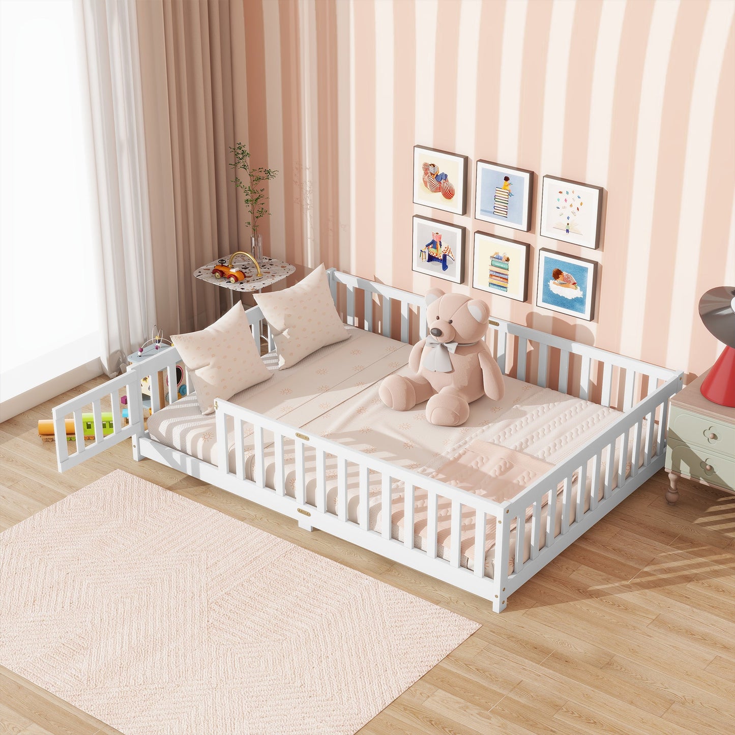 Full Size Floor Bed with Fence and Door,Rubber Wood Floor Bed with Safety Guardrails,White - 1st Choice Furniture Direct