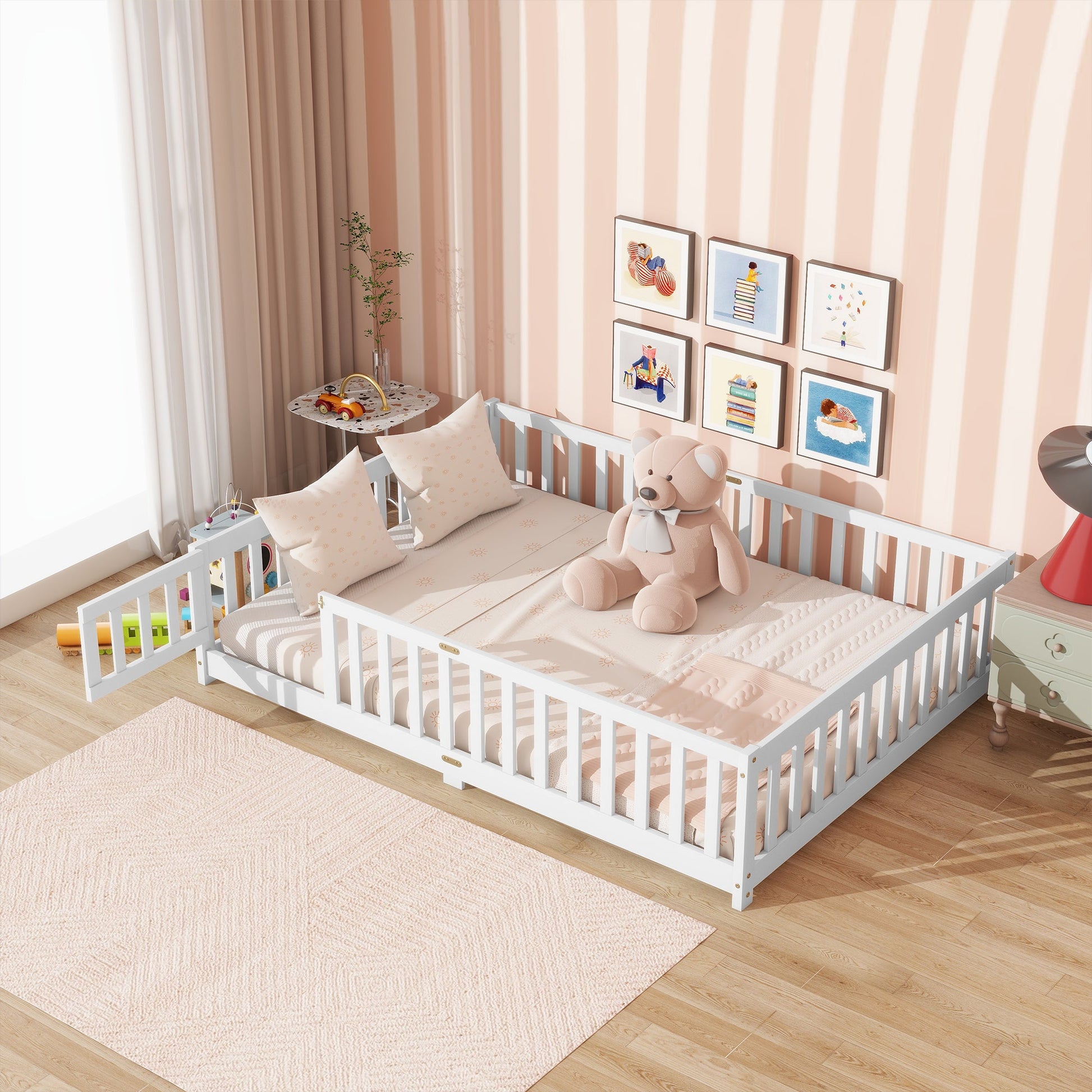 Full Size Floor Bed with Fence and Door,Rubber Wood Floor Bed with Safety Guardrails,White - 1st Choice Furniture Direct