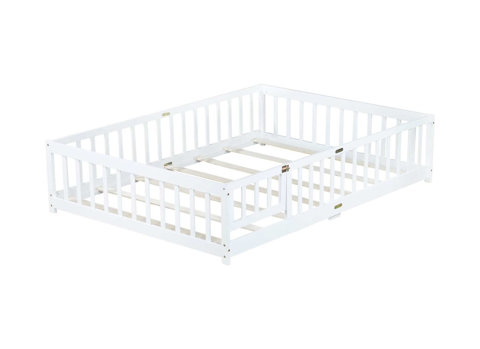 Full Size Floor Bed with Fence and Door,Rubber Wood Floor Bed with Safety Guardrails,White - 1st Choice Furniture Direct
