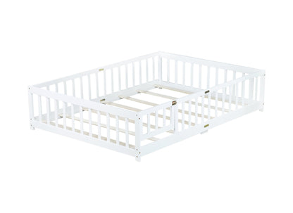 Full Size Floor Bed with Fence and Door,Rubber Wood Floor Bed with Safety Guardrails,White - 1st Choice Furniture Direct