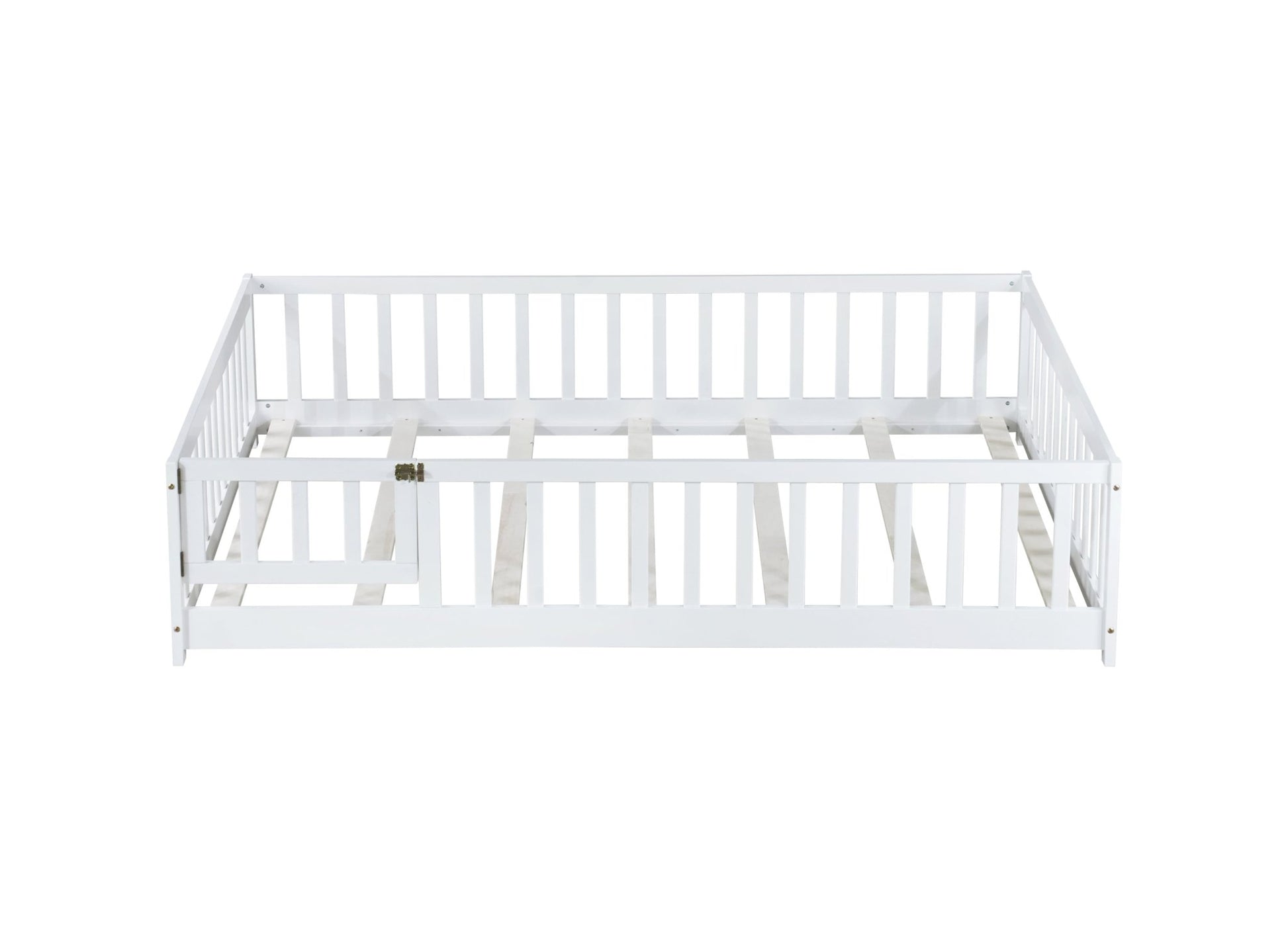 Full Size Floor Bed with Fence and Door,Rubber Wood Floor Bed with Safety Guardrails,White - 1st Choice Furniture Direct