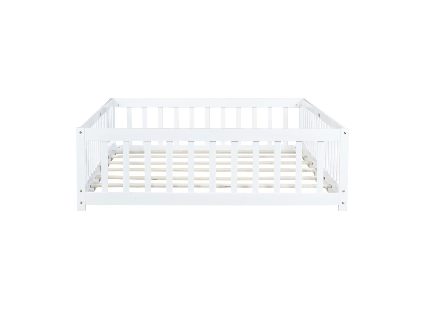 Full Size Floor Bed with Fence and Door,Rubber Wood Floor Bed with Safety Guardrails,White - 1st Choice Furniture Direct