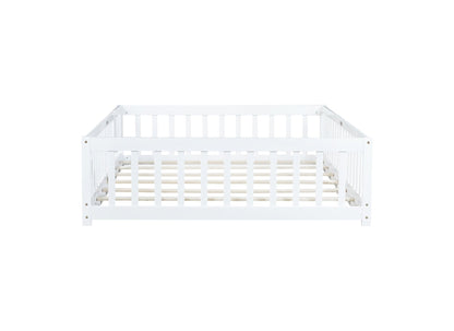 Full Size Floor Bed with Fence and Door,Rubber Wood Floor Bed with Safety Guardrails,White - 1st Choice Furniture Direct