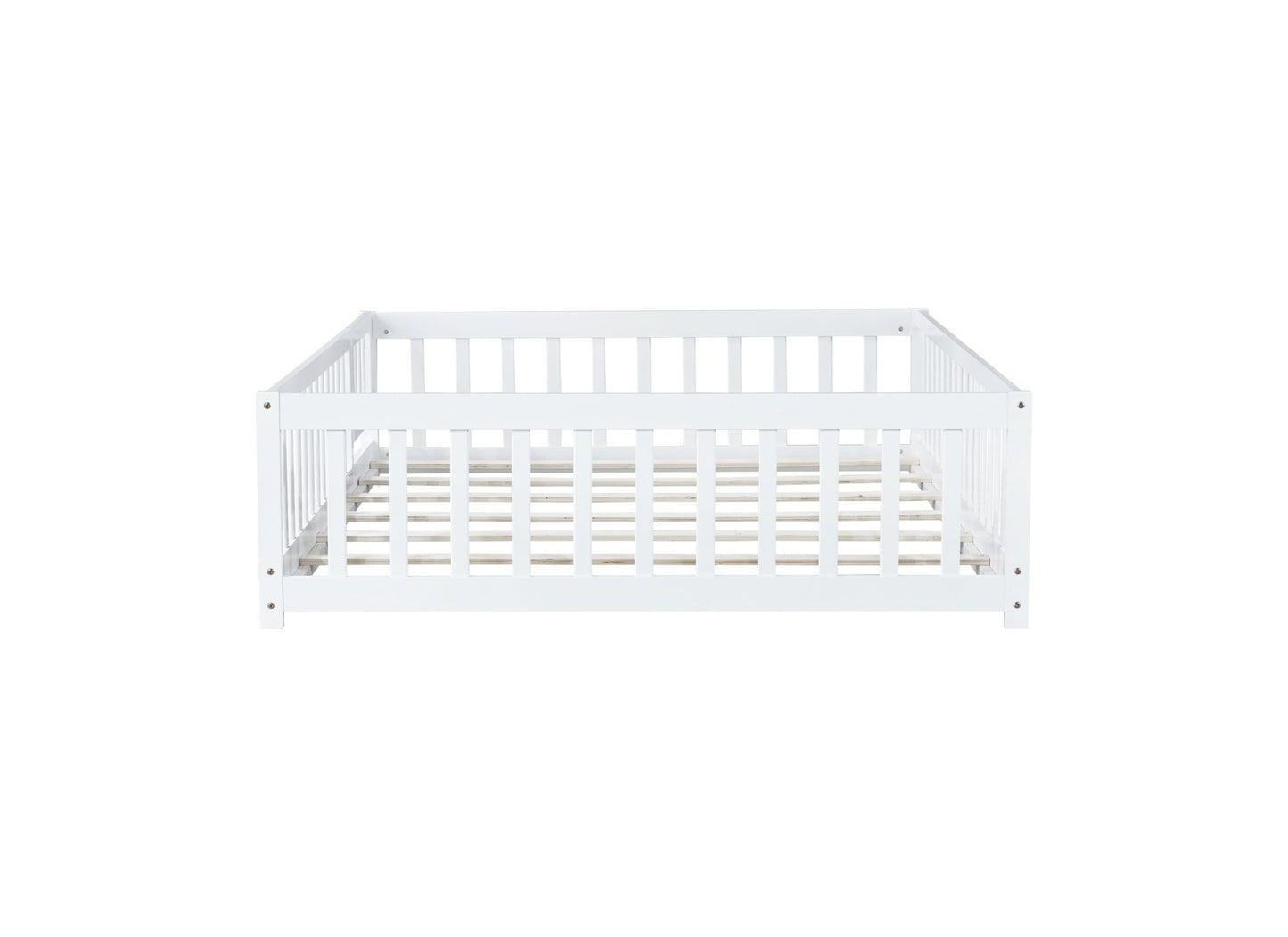 Full Size Floor Bed with Fence and Door,Rubber Wood Floor Bed with Safety Guardrails,White - 1st Choice Furniture Direct