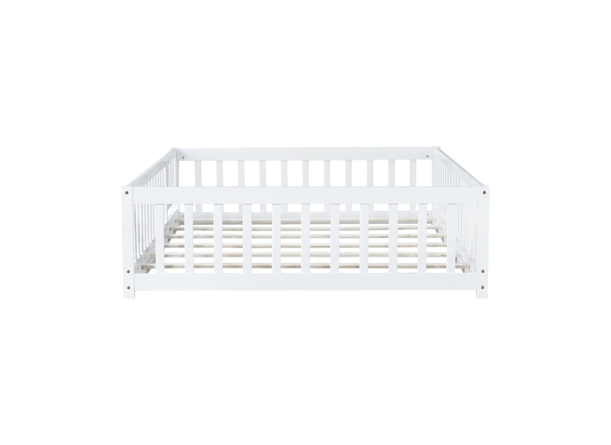 Full Size Floor Bed with Fence and Door,Rubber Wood Floor Bed with Safety Guardrails,White - 1st Choice Furniture Direct