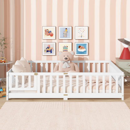 Full Size Floor Bed with Fence and Door,Rubber Wood Floor Bed with Safety Guardrails,White - 1st Choice Furniture Direct